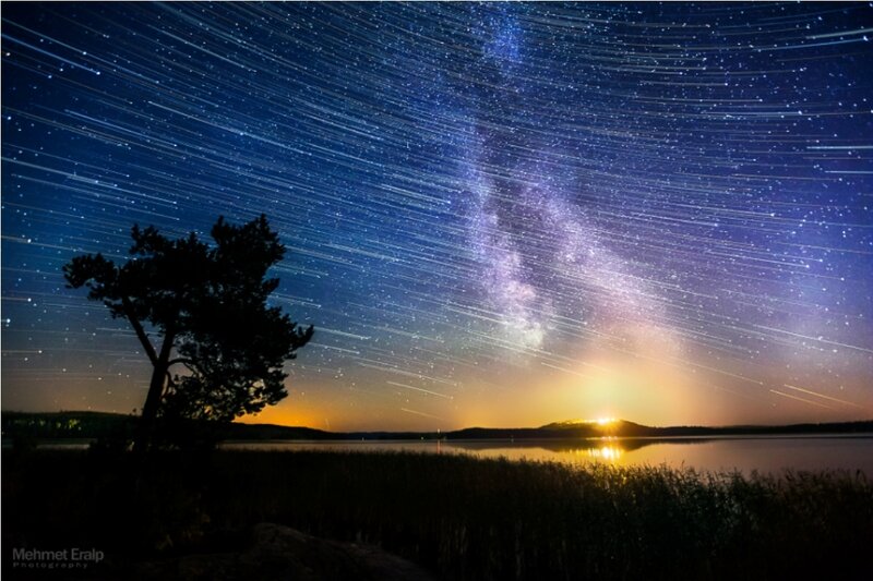 Star Trails over Lake — Blue, Serene, Night, Photograph, Tree