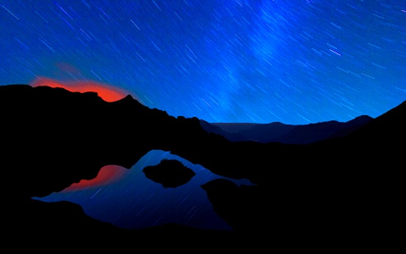 Star Trails over Lake — Blue, Serene, Night