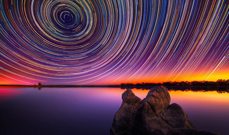 Star Trails over Lake — Purple
