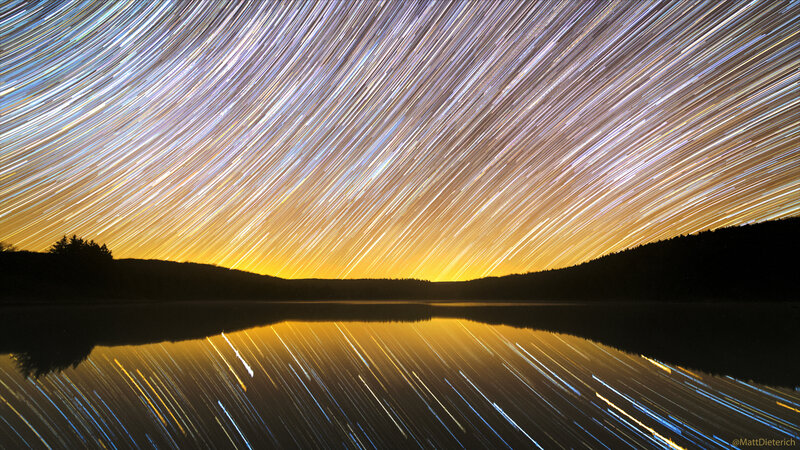 Star Trails over Lake — Yellow, Serene