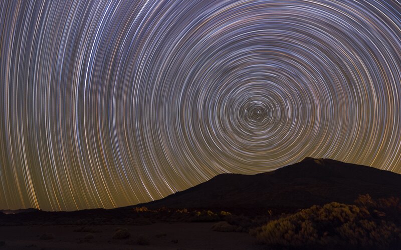 Star Trails over Mountain — Blue, Serene, Night, Photograph