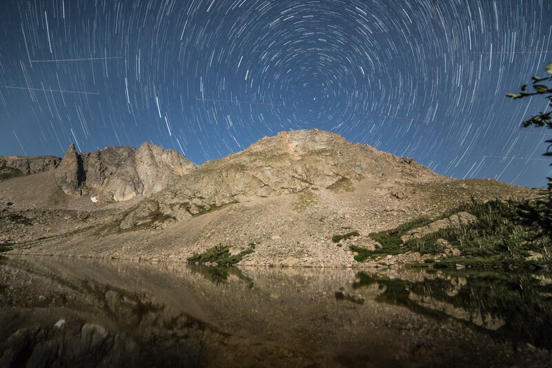 Star Trails over Mountain Lake — Blue, Serene, Night