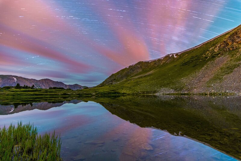 Star Trails over Mountain Lake — Blue