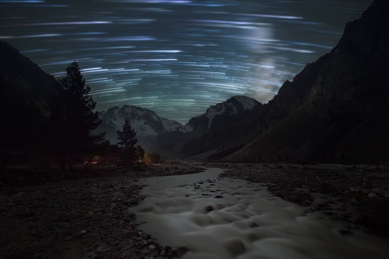 Star Trails over Mountain River