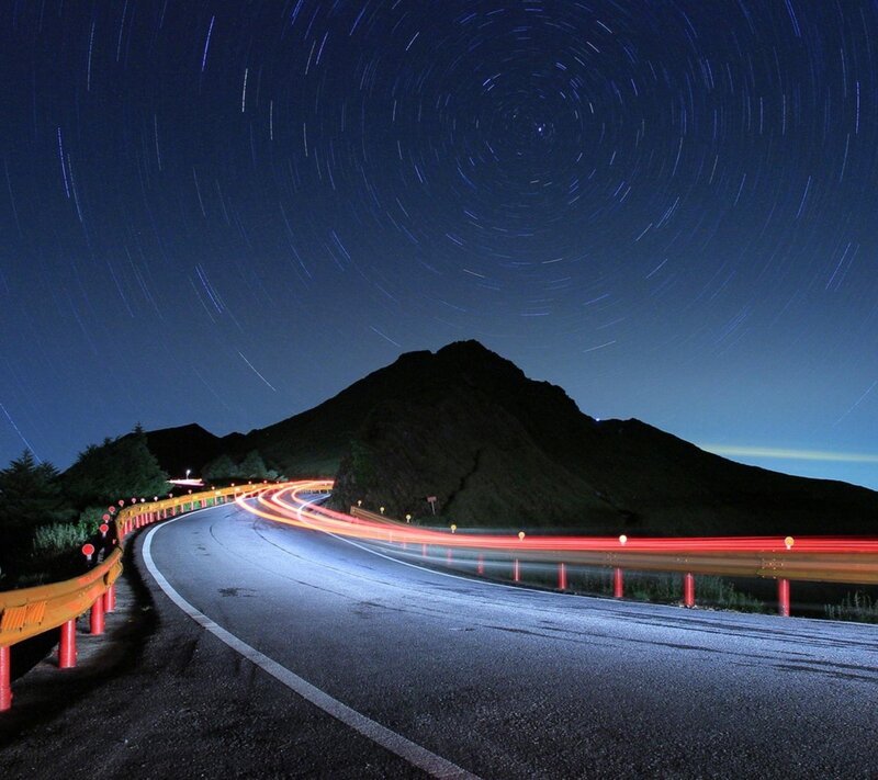 Star Trails over Mountain Road — Blue, Serene, Night