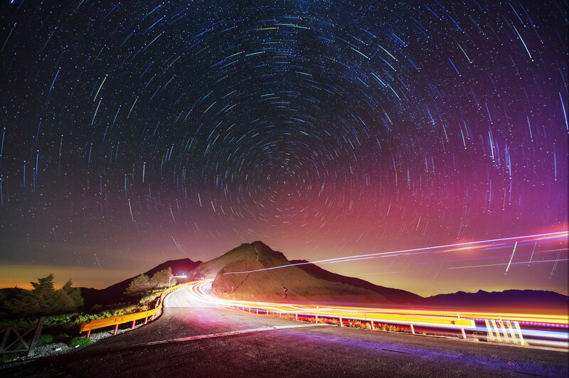 Star Trails over Mountain Road — Purple, Dramatic