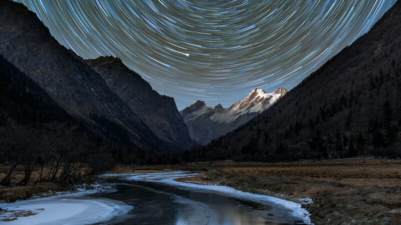 Star Trails over Mountain Valley — Blue