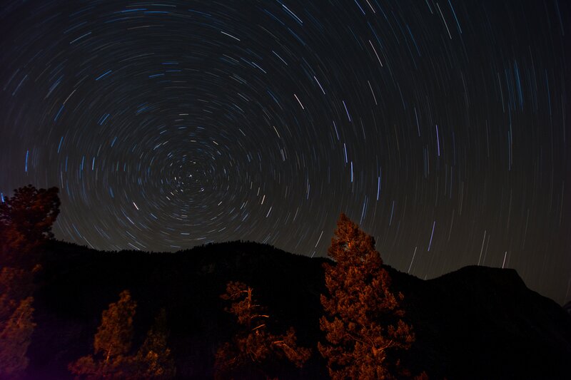 Star Trails over Mountains — Black, Serene, Night, Photograph