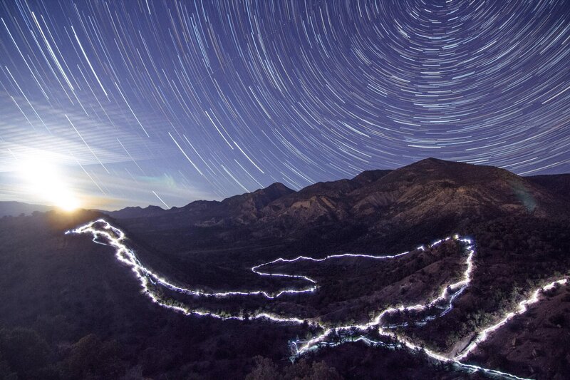 Star Trails over Mountains — Blue, Serene, Night, Photograph, Road, Sunrise
