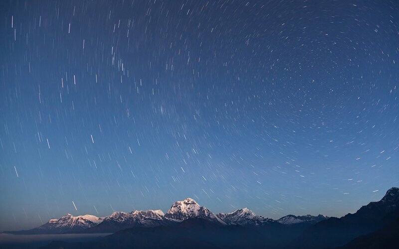 Star Trails over Mountains — Blue, Serene, Night, Photograph, Stars, Sky