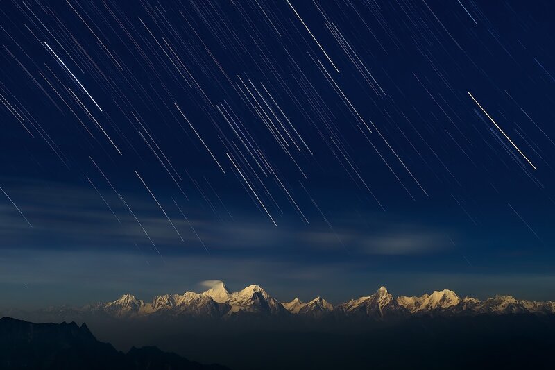 Star Trails over Mountains — Blue, Serene, Night, Photograph, Stars