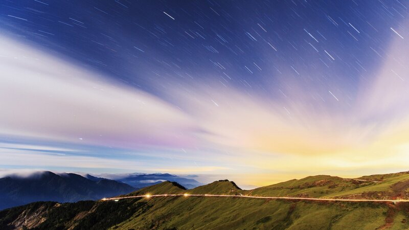 Star Trails over Mountains — Blue, Serene, Night