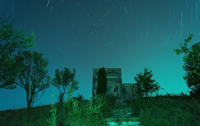 Star trails over old bunker