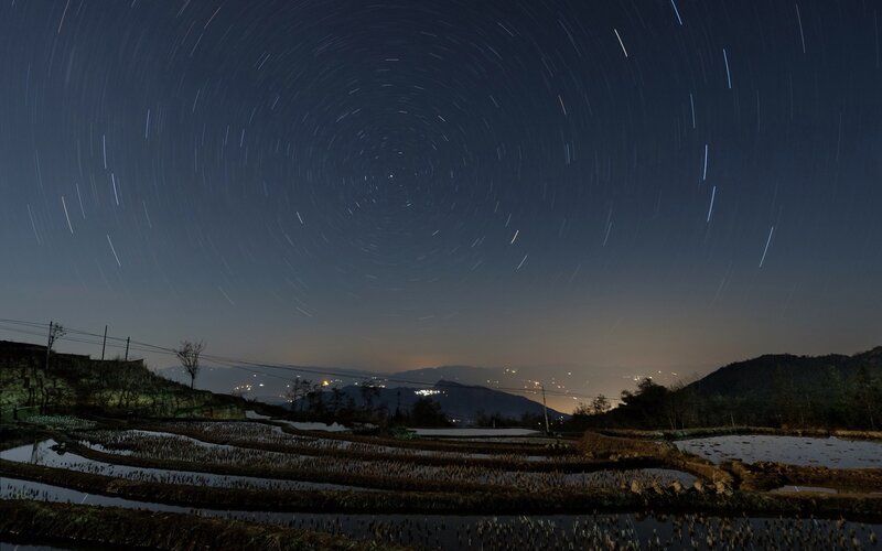 Star Trails over Rice Paddies
