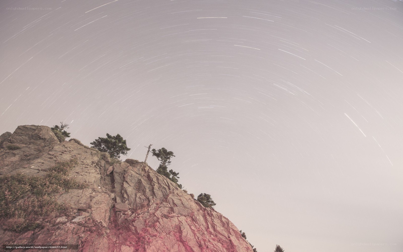Star trails over rocky cliff