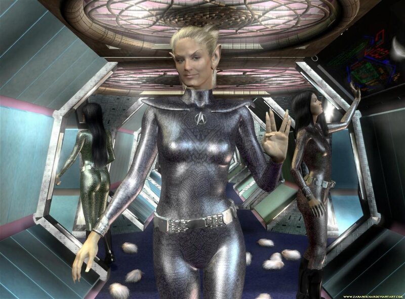 Star Trek characters in futuristic corridor
