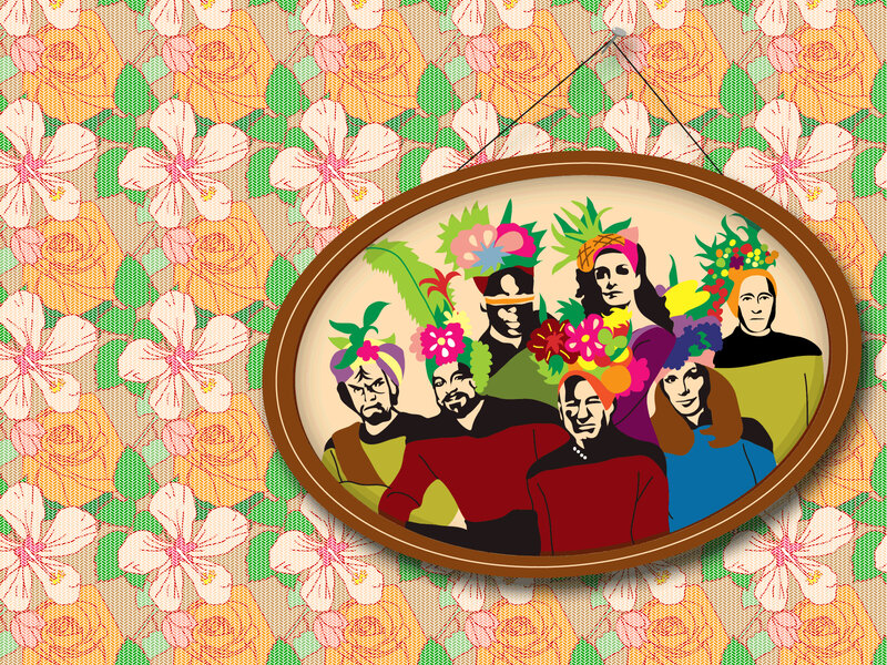Star Trek crew in floral hats