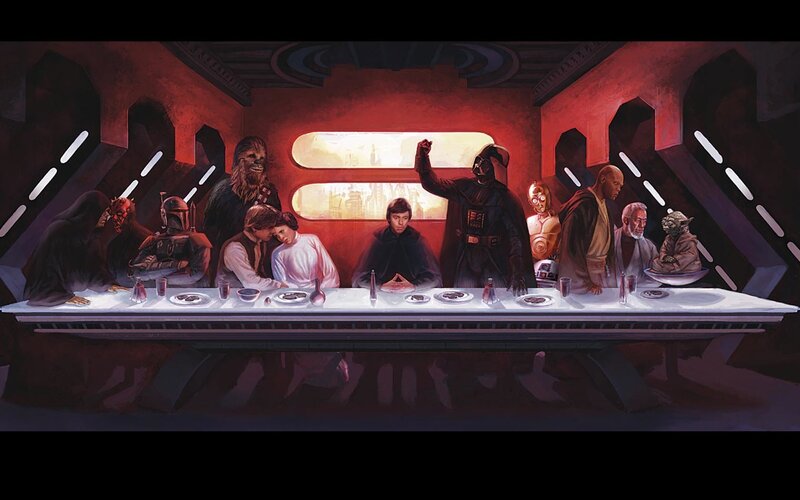 Star Wars Characters at Table — Red, Dramatic, Digital Art, Darth Vader, Chewbacca