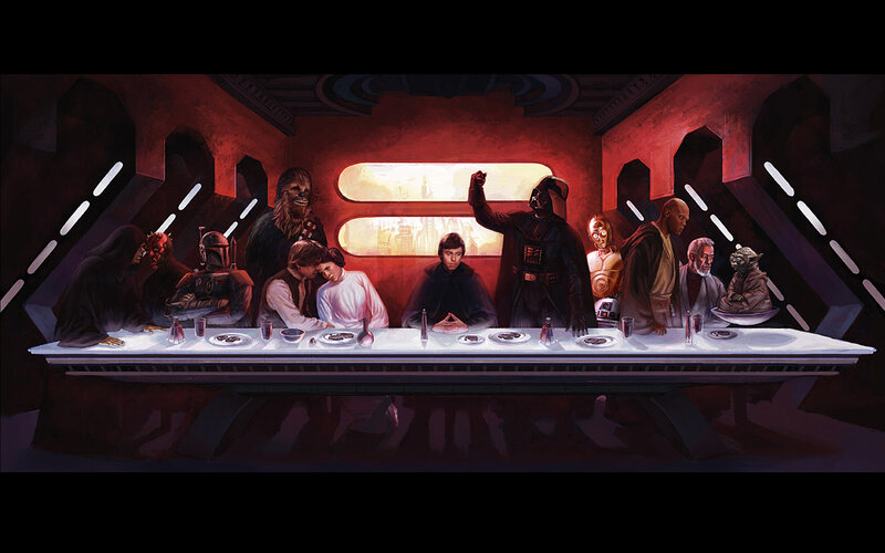 Star Wars Characters at Table — Red, Dramatic, Digital Art, Darth Vader, Chewbacca, Yoda