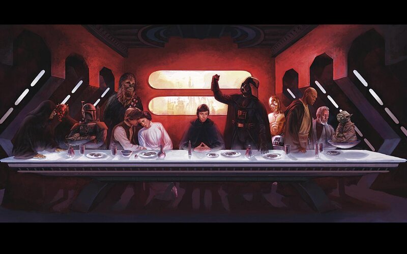 Star Wars Characters at Table — Red, Dramatic, Digital Art, Darth Vader