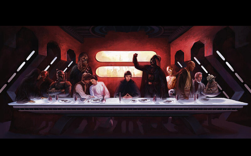 Star Wars Characters at Table — Red, Dramatic, Digital Art, Lightsabers