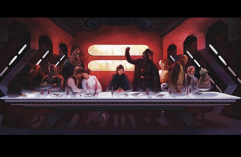 Star Wars Characters at Table — Red, Dramatic, Illustration, Window