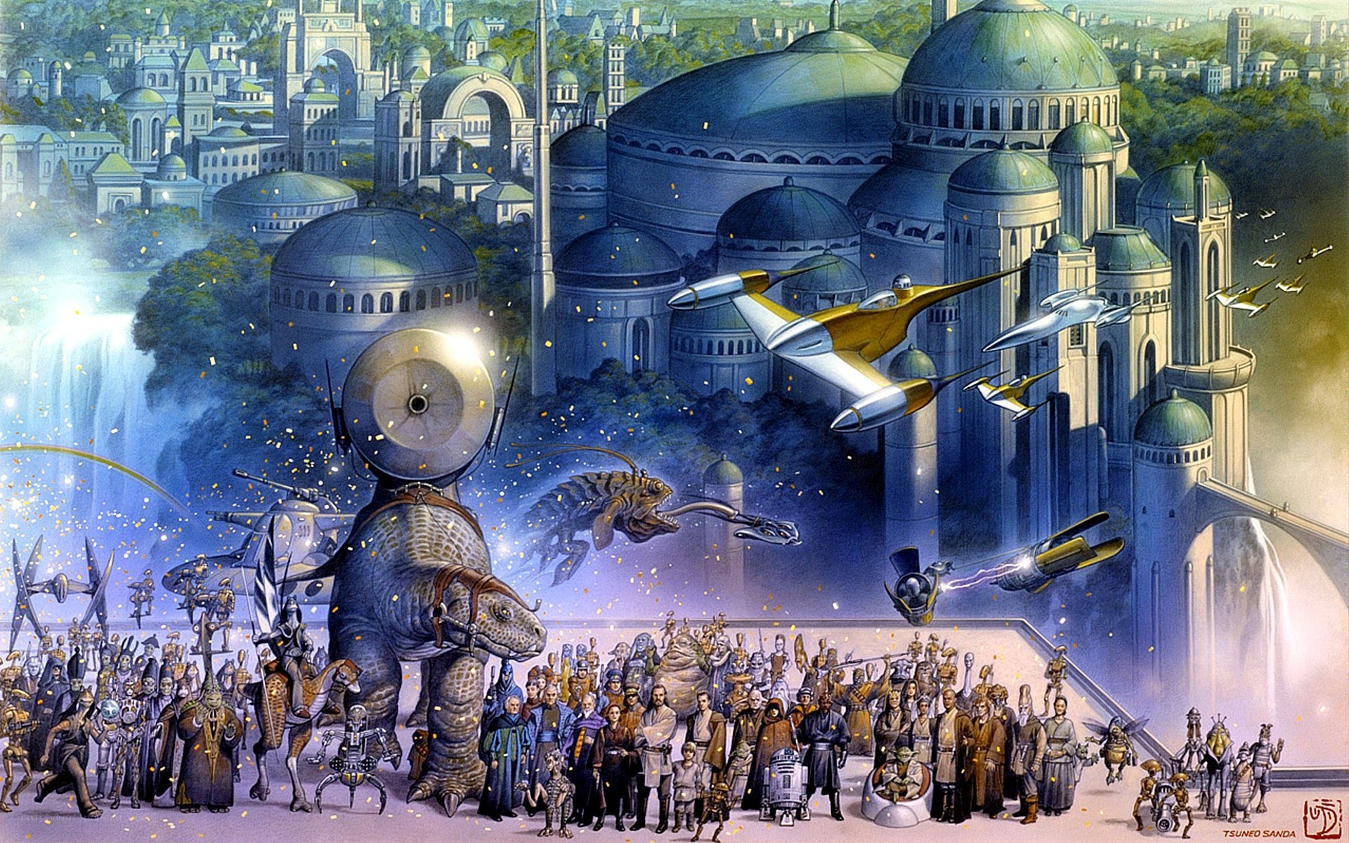 Star Wars characters gathering