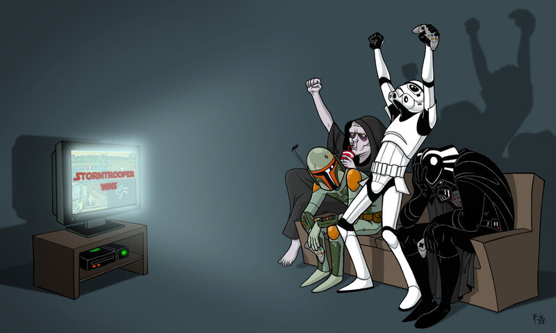 Star Wars characters playing video game
