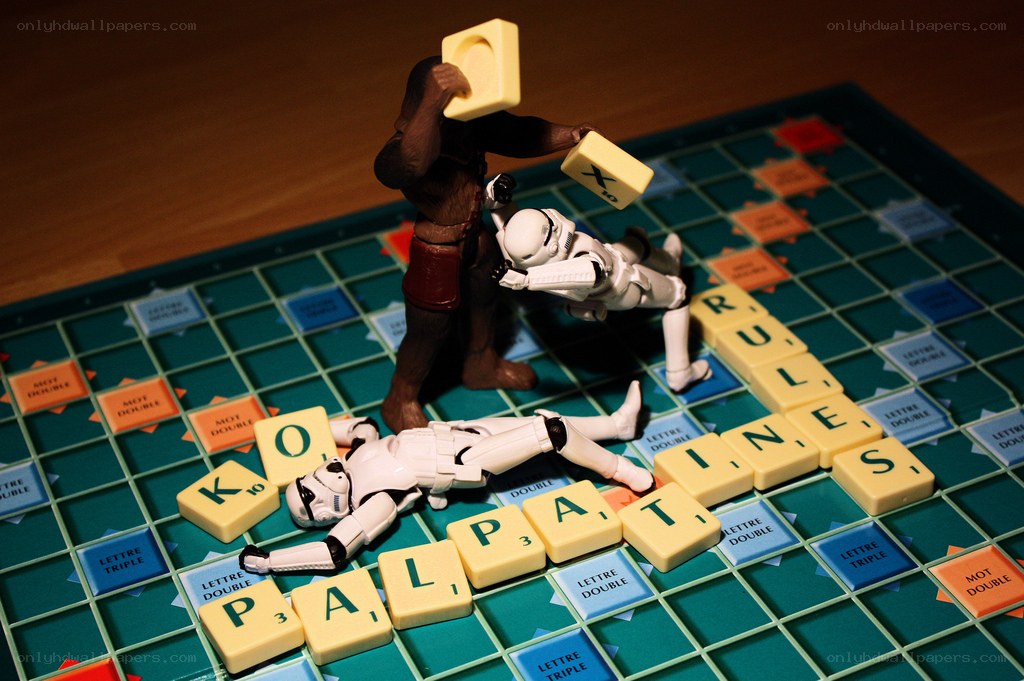 Star Wars figures on Scrabble board