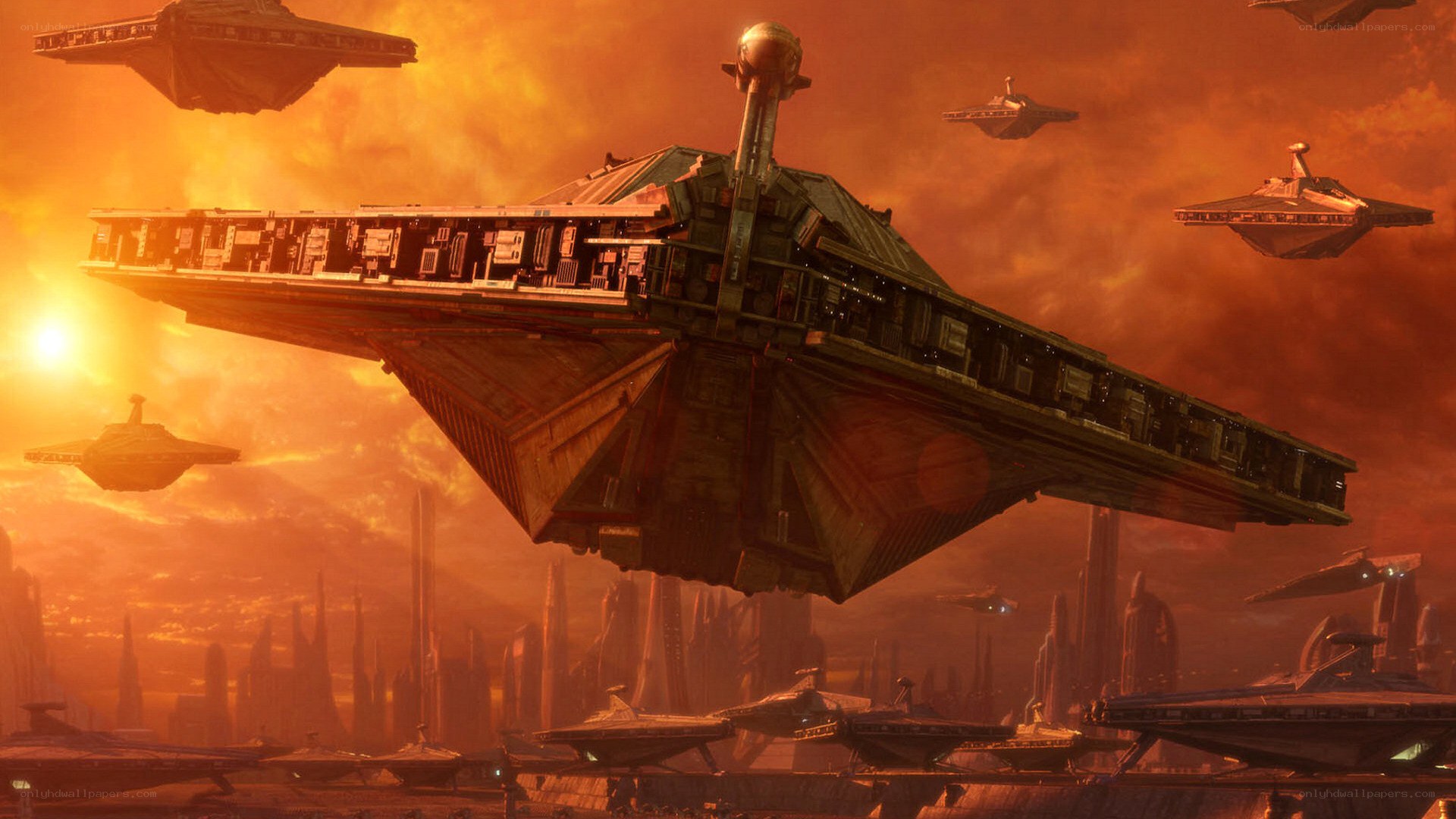 Star Wars fleet in orange sky