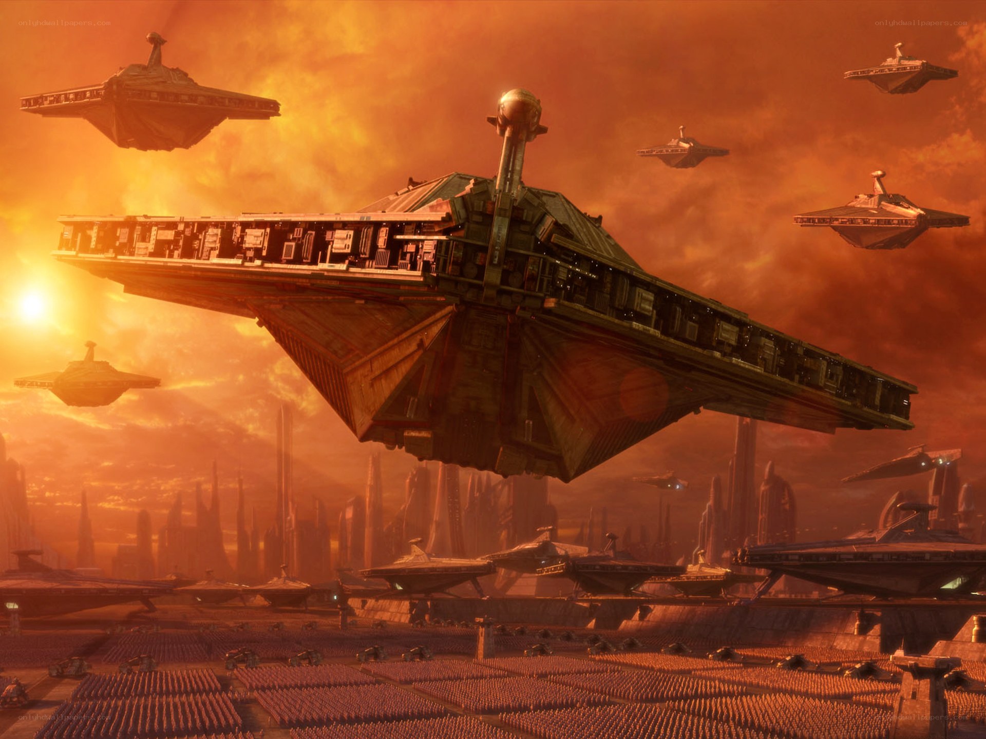 Star Wars fleet in orange sky