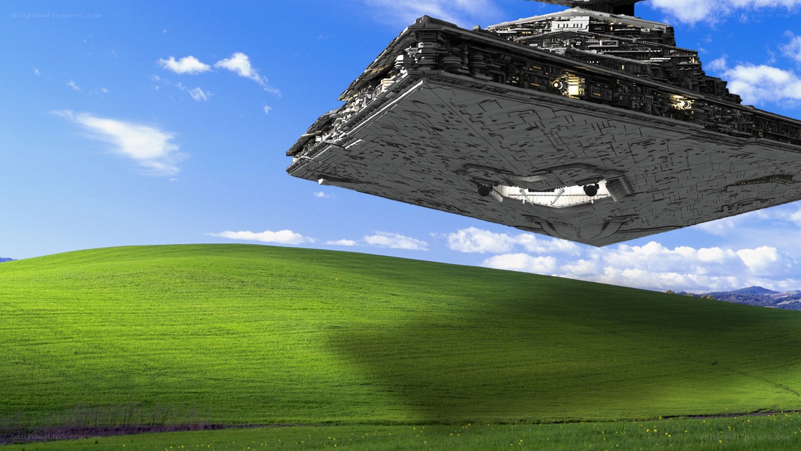 Star Wars ship over green hills