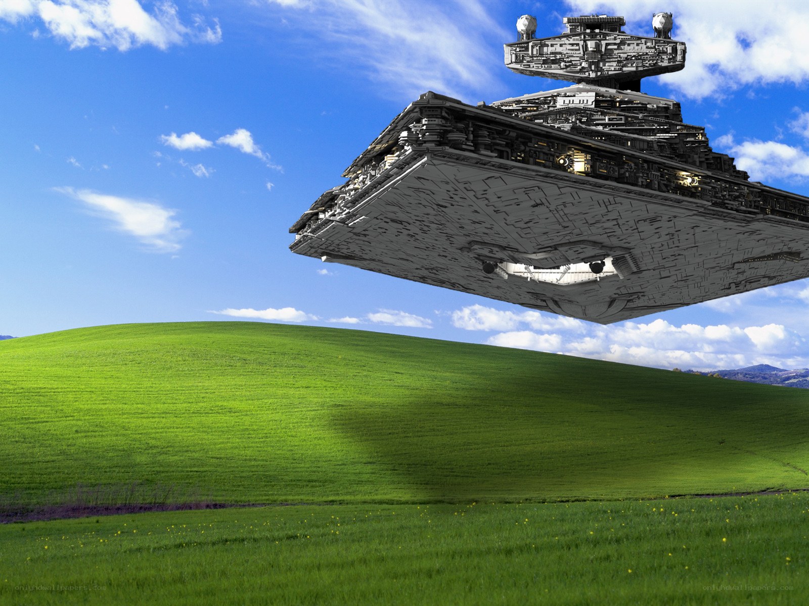 Star Wars ship over green hills