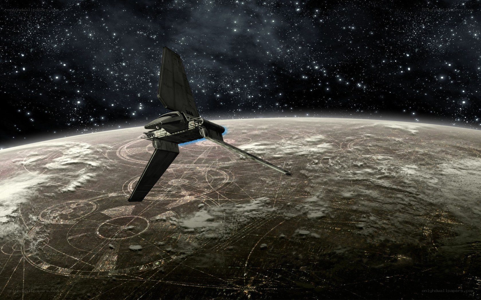 Star Wars ship over planet