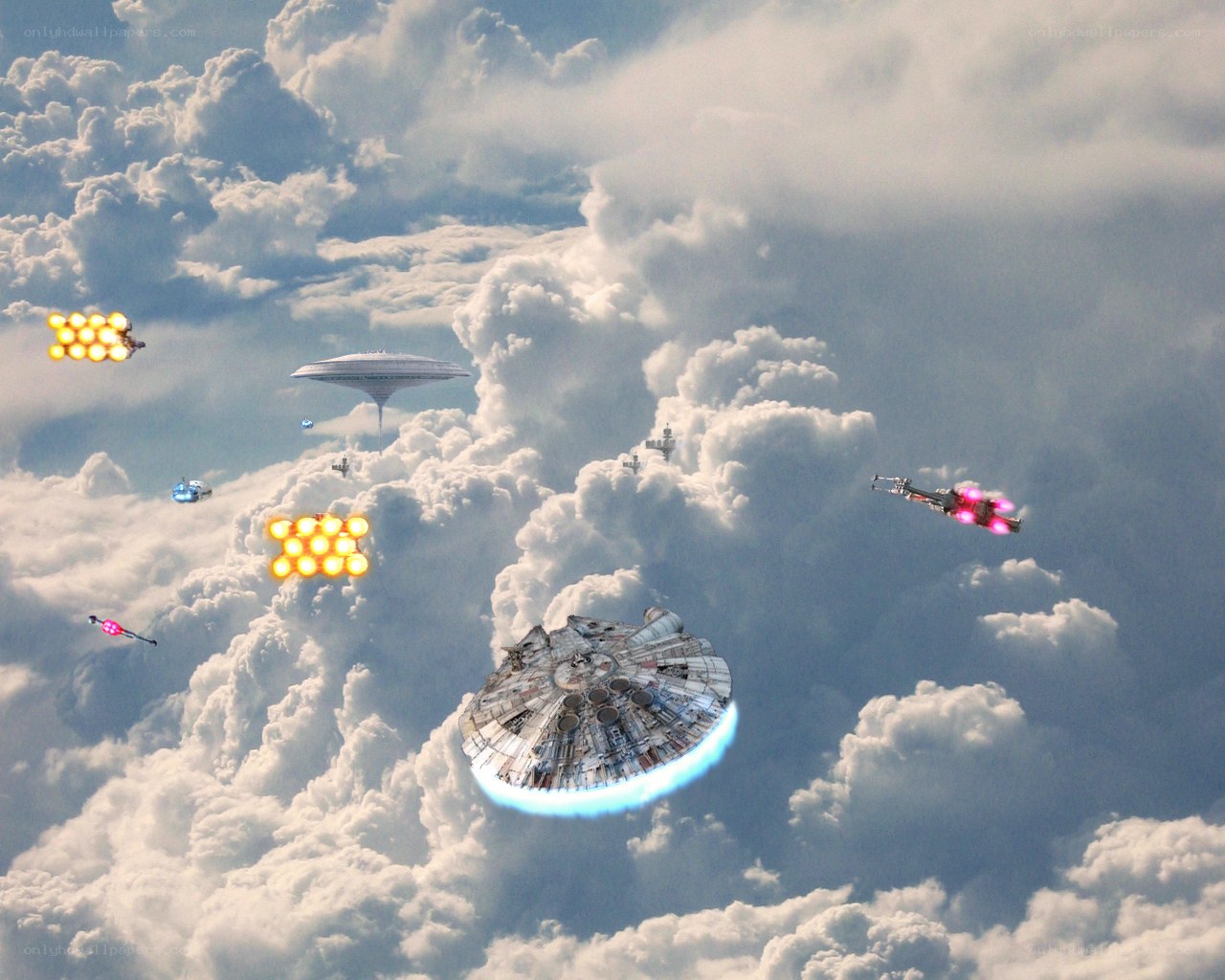 Star Wars ships in clouds