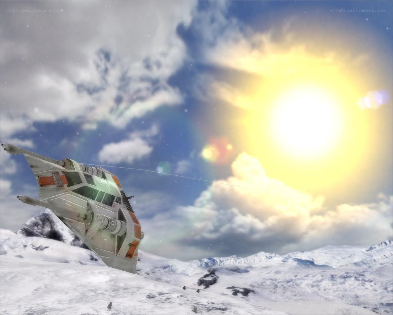 Star Wars snowspeeder in flight