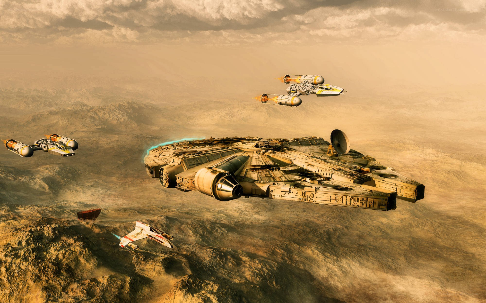 Star Wars spacecraft over desert planet
