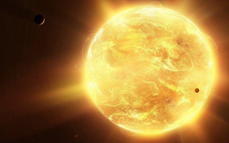 Star with Orbiting Planets — Yellow, Dramatic, Digital Art, Planet
