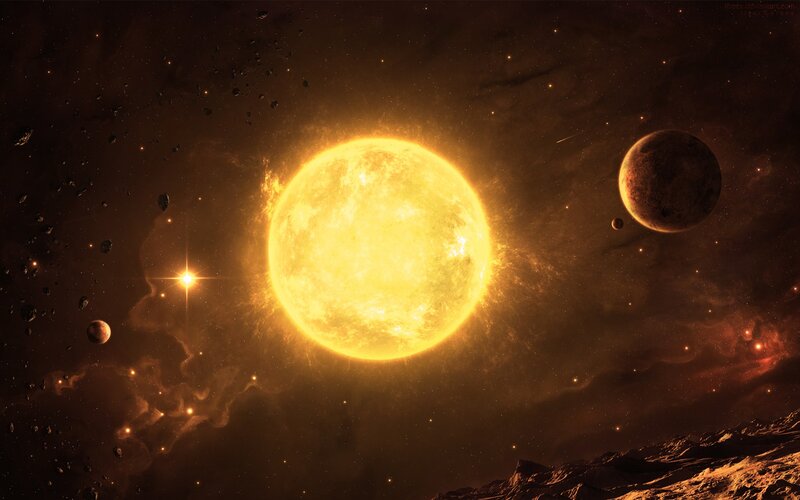 Star with Orbiting Planets — Yellow, Dramatic, Digital Art