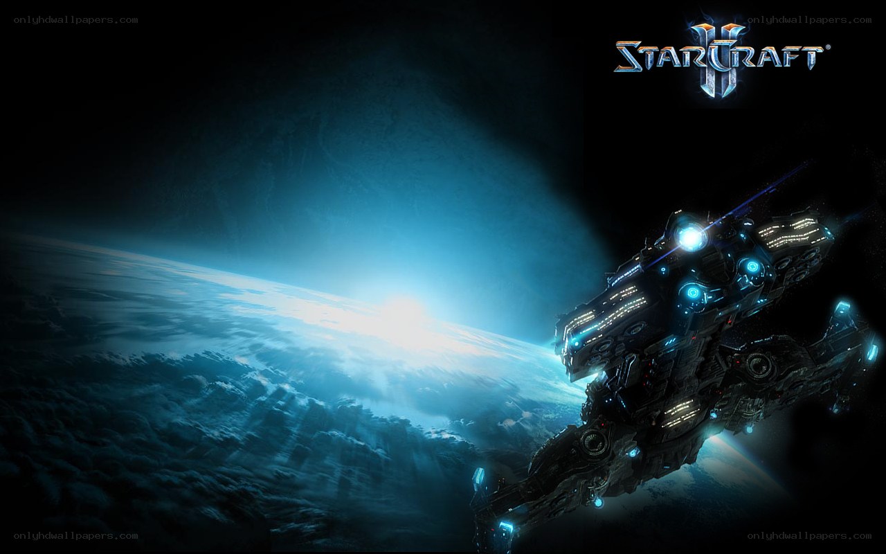 StarCraft II spaceship orbiting planet