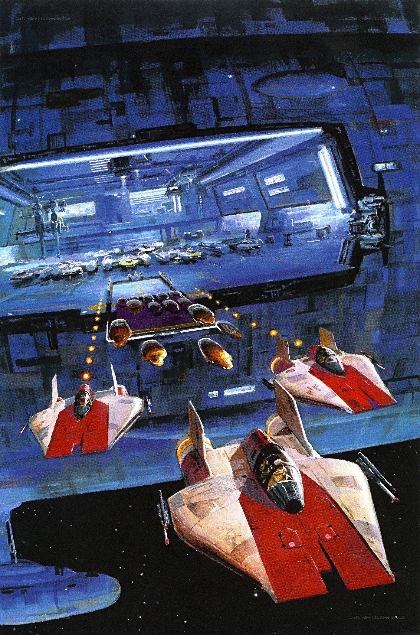Starfighters in a space hangar