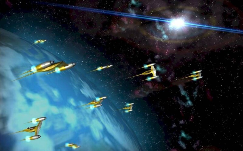 Starfighters in Space — Blue, Dramatic, Digital Art, Planet