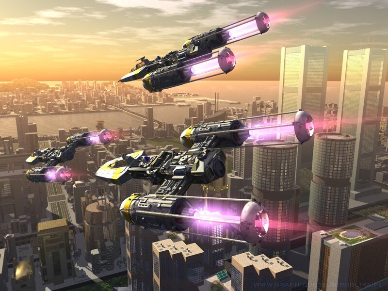 Starfighters over a futuristic city