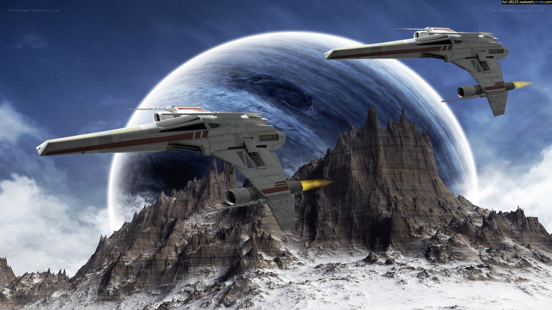 Starfighters over a rocky planet