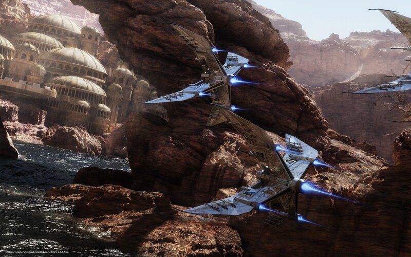 Starfighters over canyon city