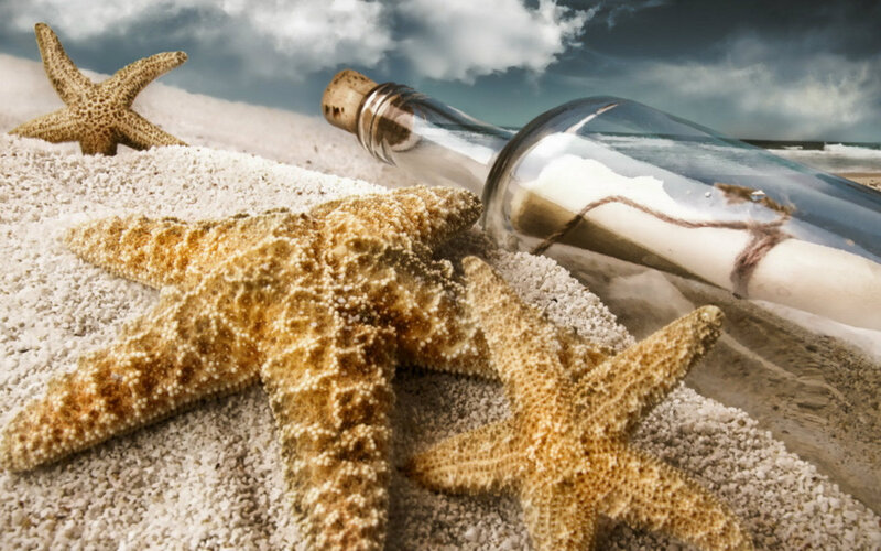 Starfish and Bottle on Beach — Beige, Dramatic, Afternoon