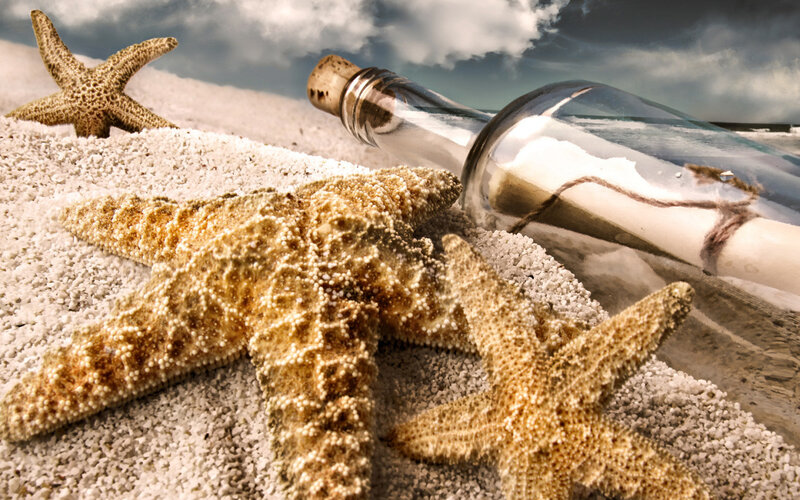Starfish and Bottle on Beach — Beige, Dramatic