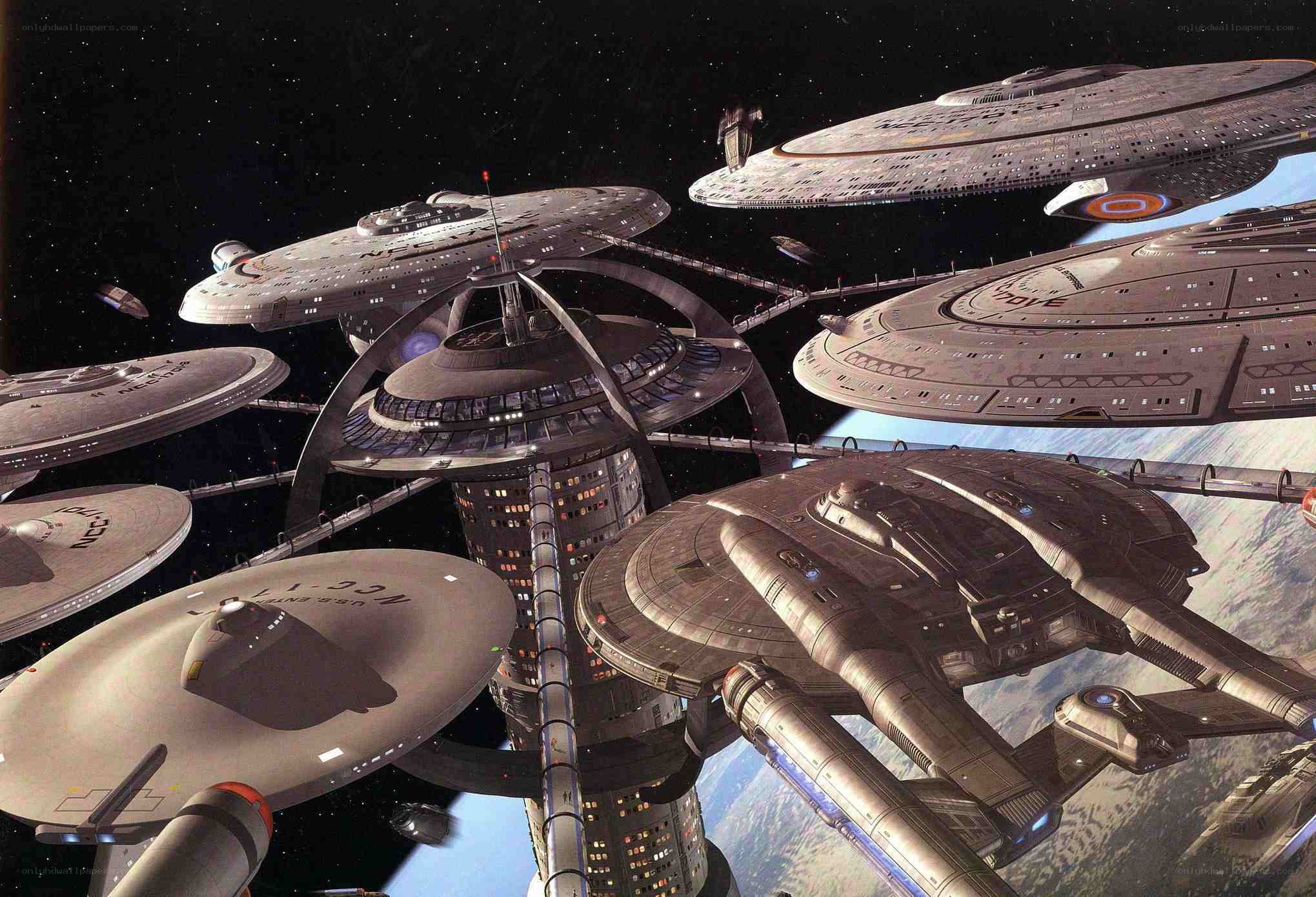 Starfleet ships at a space station