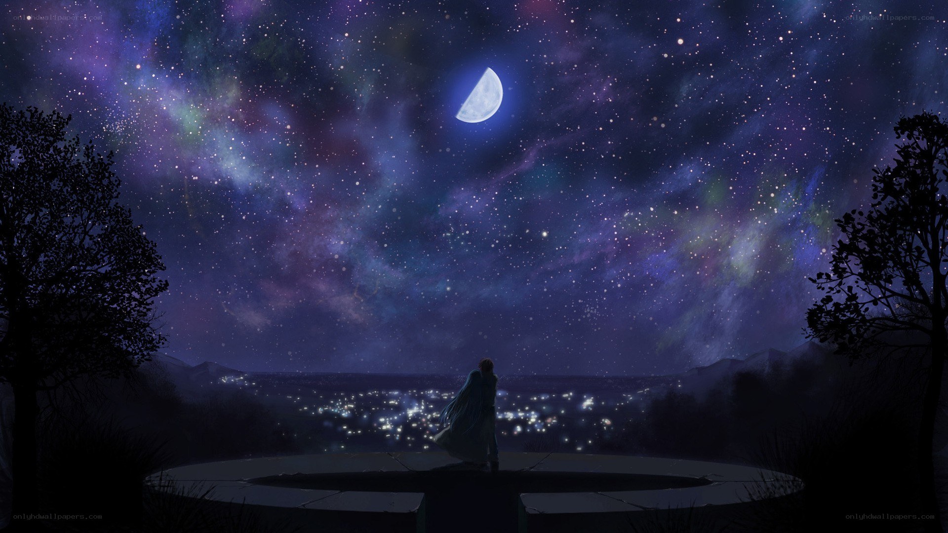 Stargazing couple at night