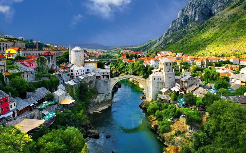 Stari Most Bridge — Blue, Dramatic, Afternoon, Photograph, River, Town